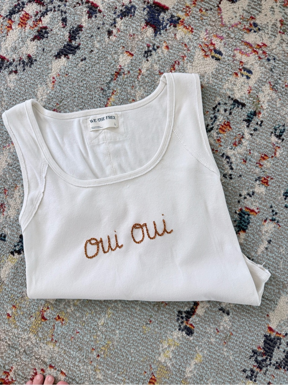 We The Free White Tank Top with Gold 'oui oui' Embroidery